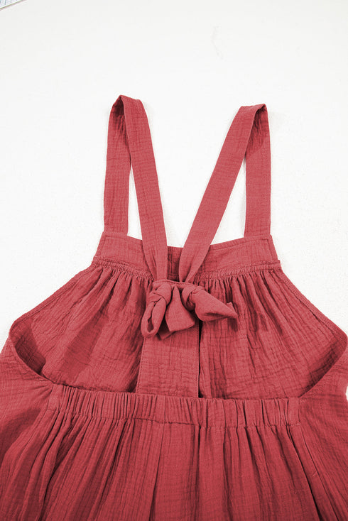 Boho Casual Knotted Back Strap Cotton Bib Front Wide Leg Jumpsuit